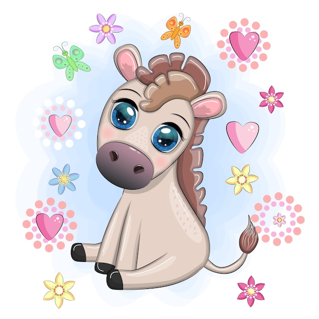 cute donkey in flowers with balloons spring theme postcard for the holiday