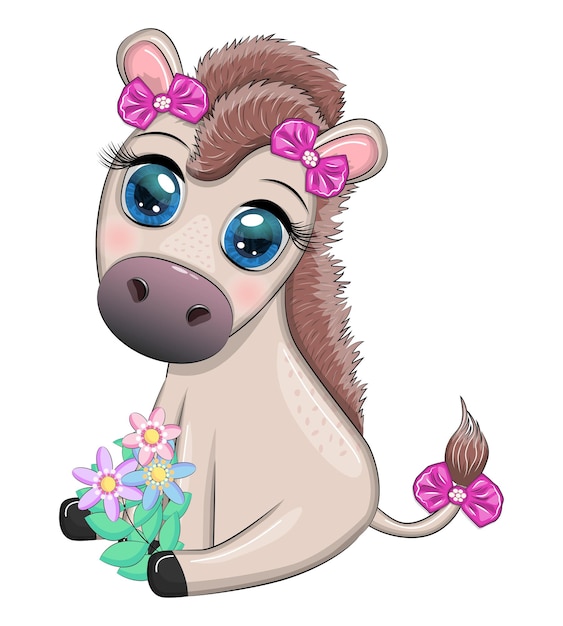 Vector cute donkey in flowers with balloons spring theme postcard for the holiday