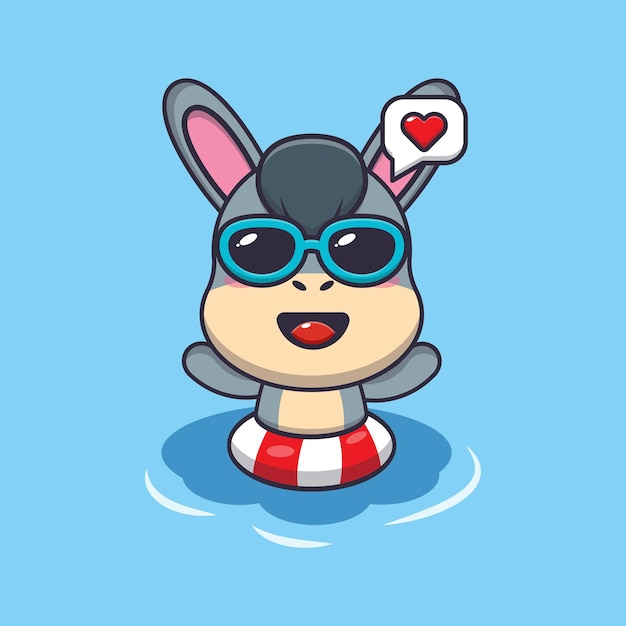 ビーチ漫画イラストで泳ぐサングラスをかけたかわいいロバ。