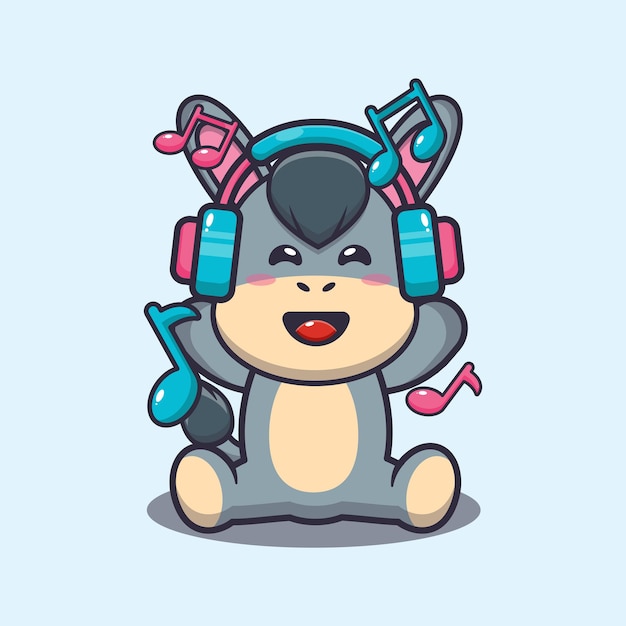 Vector cute donkey listening music with headphone