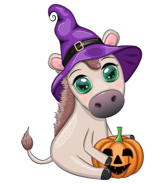 Cute donkey in purple witch hat with broom pumpkin potion Halloween card for the holiday