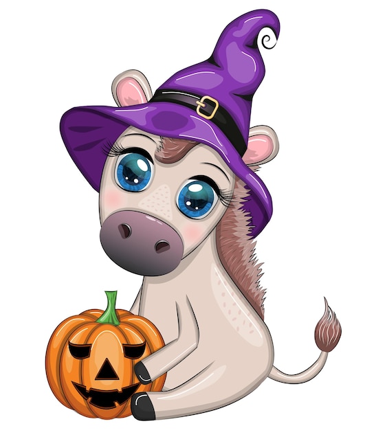 Cute donkey in purple witch hat with broom pumpkin potion Halloween card for the holiday