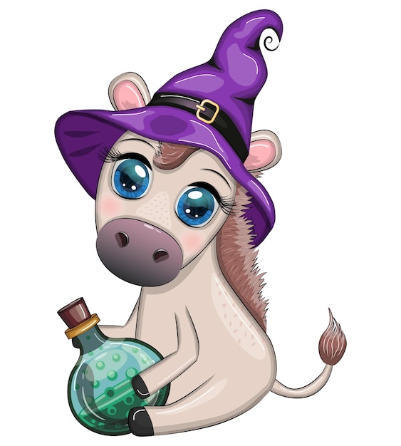 Cute donkey in purple witch hat with broom pumpkin potion Halloween card for the holiday