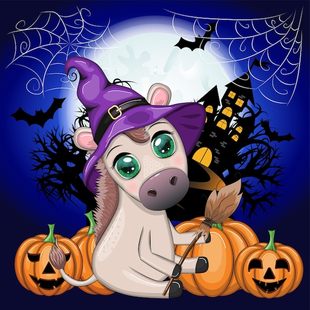 Cute donkey in purple witch hat with broom pumpkin potion Halloween card for the holiday