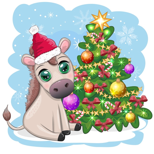 Cute donkey in santa hat with balloon gift candy kane near the christmas tree Postcard for Christmas