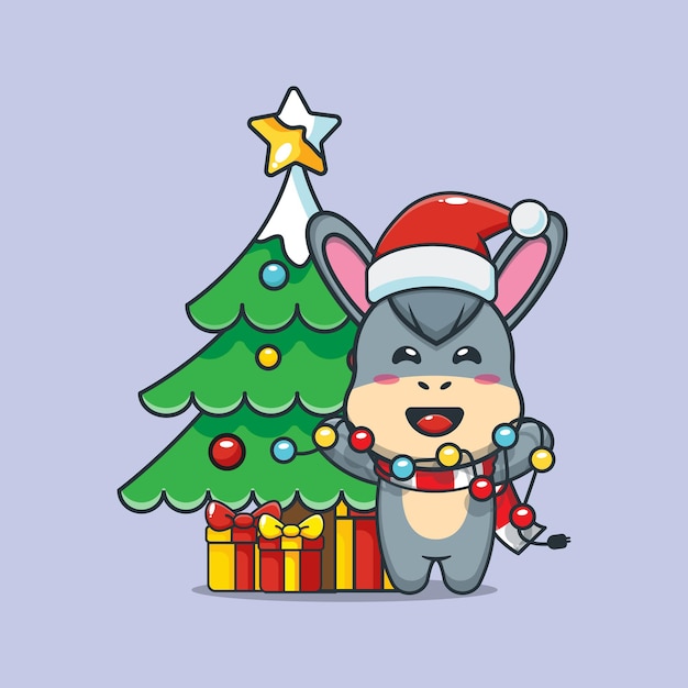 Cute donkey with christmas lamp Cute christmas cartoon illustrations