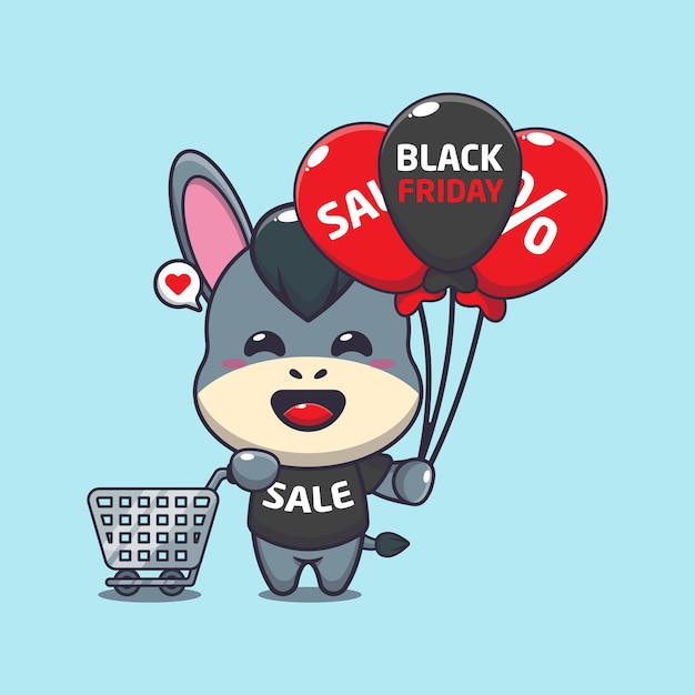 cute donkey with shopping cart and balloon at black friday sale cartoon vector illustration