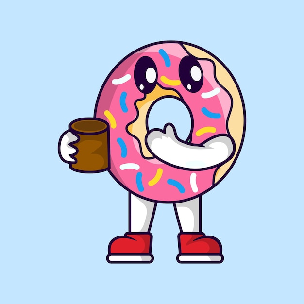 Vector cute donut mascot holding tea cup