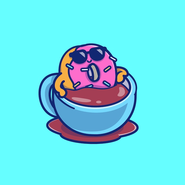 Cute donut relaxing on coffee vector icon illustration. food and drink icon concept isolated premium vector. flat cartoon style