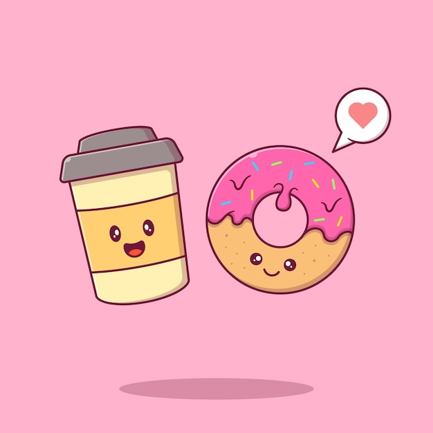 Cute donuts and coffee smiling with love flat cartoon characters.