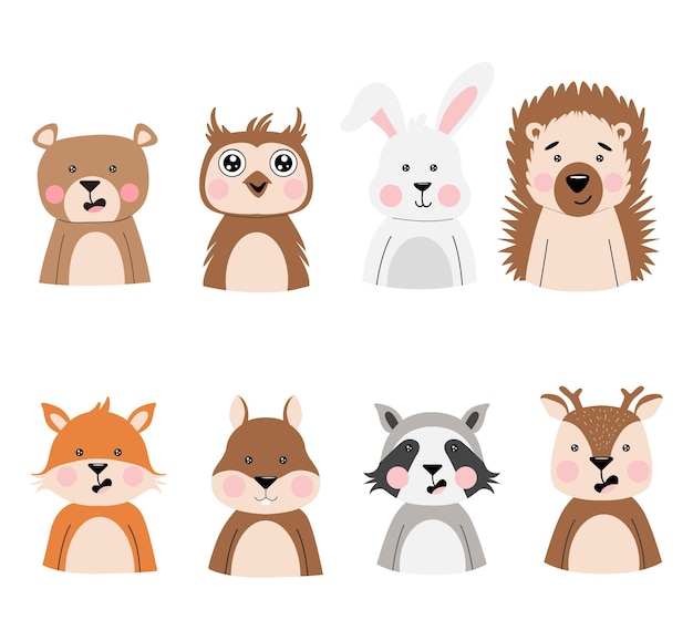 Cute doodle animal woodland vector flat collection illustration