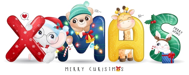 Cute doodle animals for christmas day with watercolor illustration