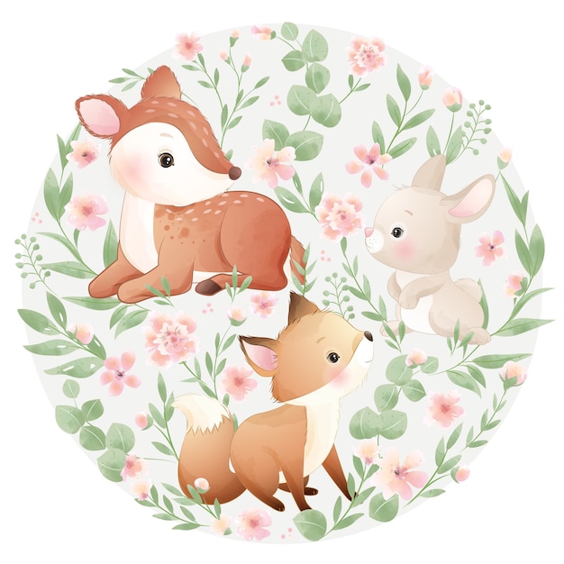 Симпатичные каракули животных с цветочными иллюстрациями
