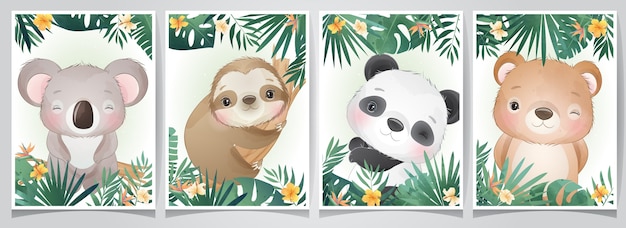 Cute doodle animals with floral set illustration