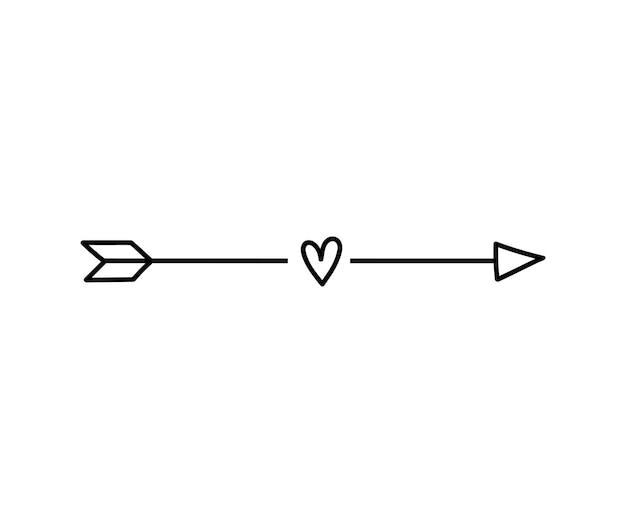 Vector cute doodle arrow with heart isolated on white background hand drawn illustration