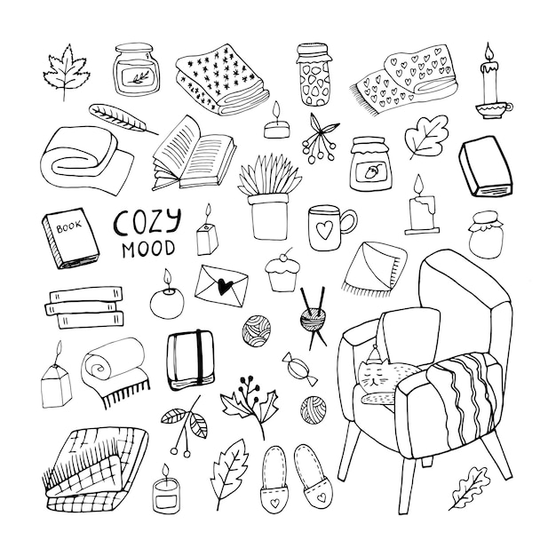 cute doodle autumn set with jar of jam plaids feather candles books armchair leaves and cat