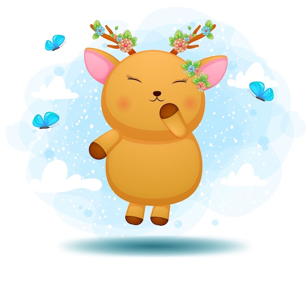 Cute doodle baby deer floating on the air  