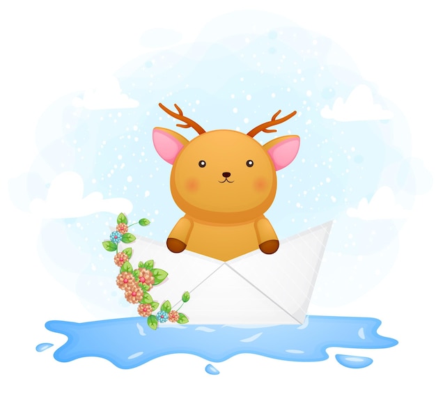 Cute doodle baby deer inside the paper boat