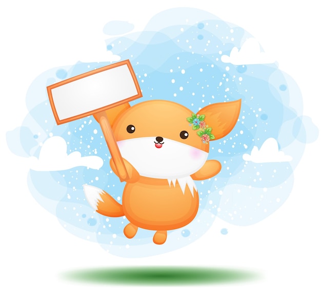 Cute doodle baby fox holding a sign board cartoon character