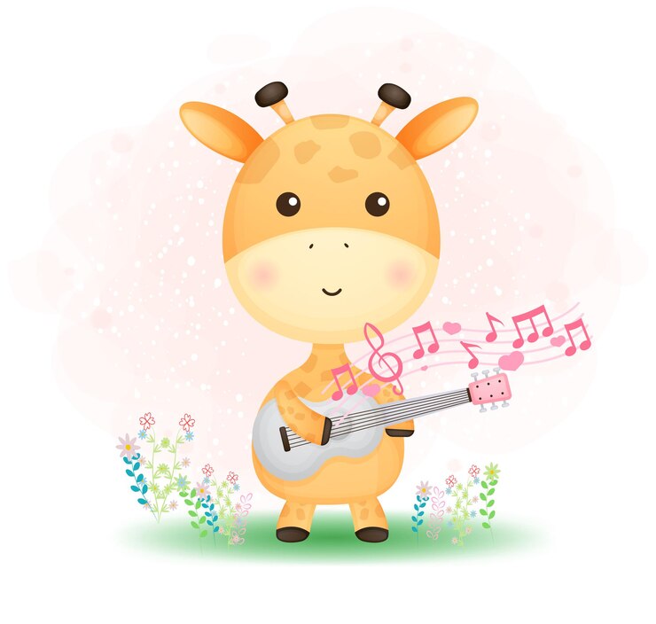 Vector cute doodle baby giraffe playing a guitar on the grass  