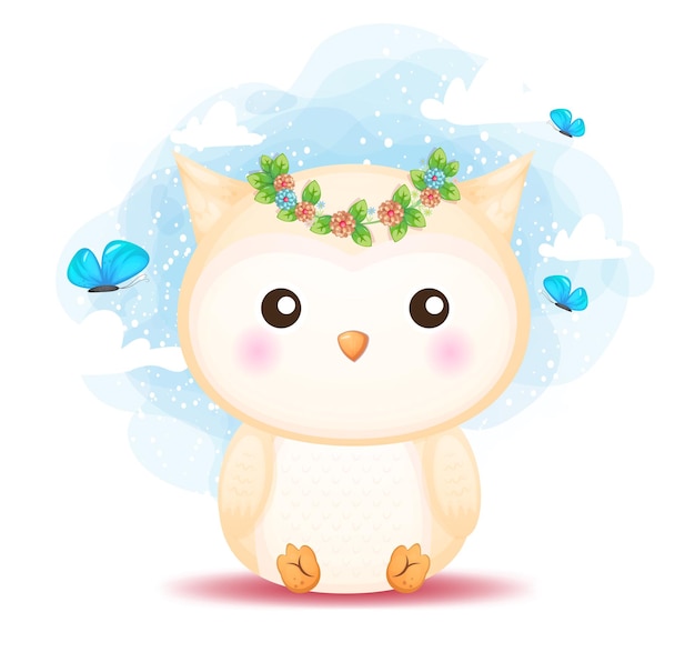 Cute doodle baby owl playing with butterfly cartoon 