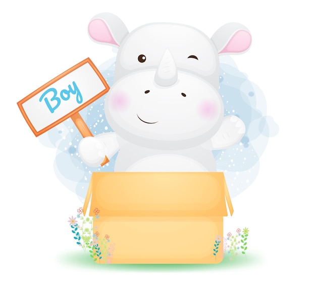 Cute doodle baby rhino boy in the box. baby shower