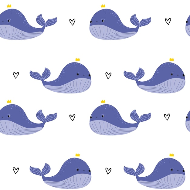 Vector cute doodle baby whale white seamless pattern minimalist hand drawn summer texture sea textile