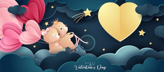 Cute doodle bear for valentine's day in paper style