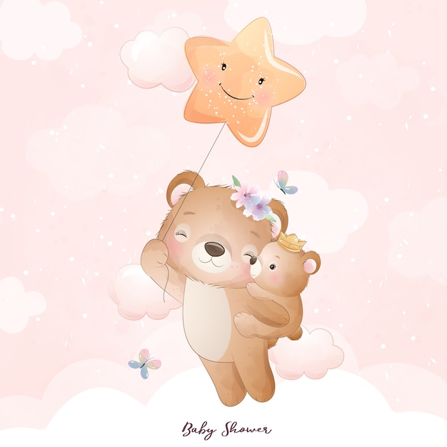 Cute doodle bear with floral illustration