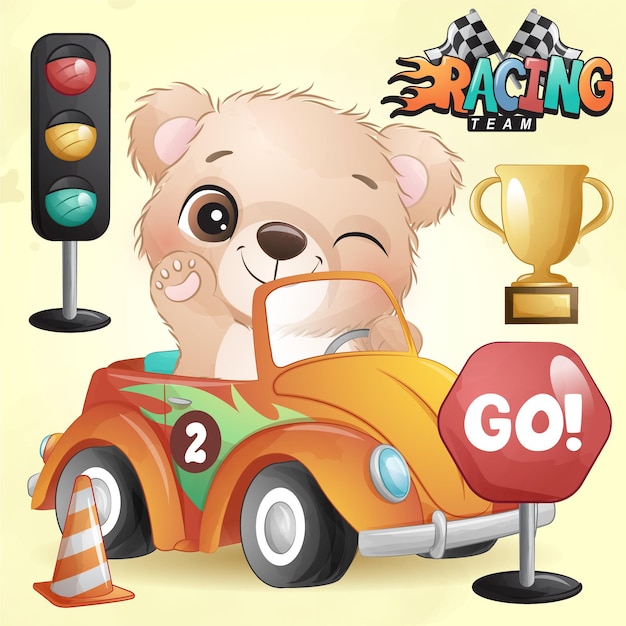 Cute doodle bear with racing car illustration