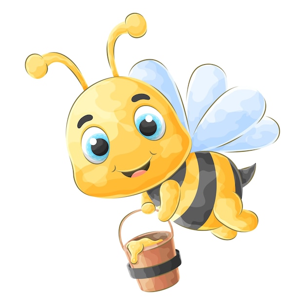 Cute doodle bee carrying honey with watercolor illustration
