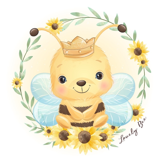 Cute doodle bee with floral illustration