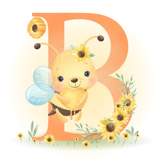 Cute doodle bee with floral illustration