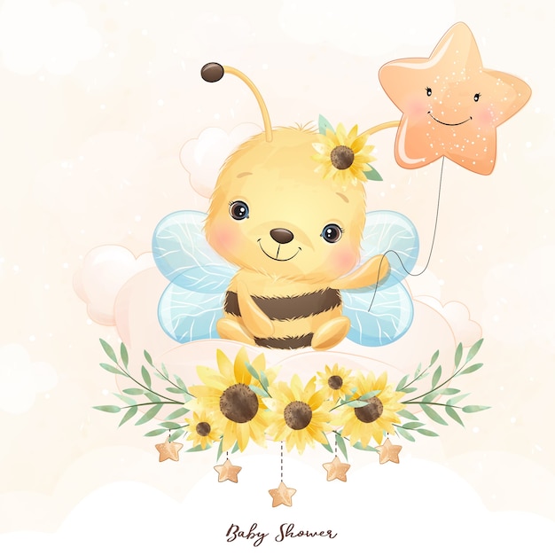 Cute doodle bee with floral illustration