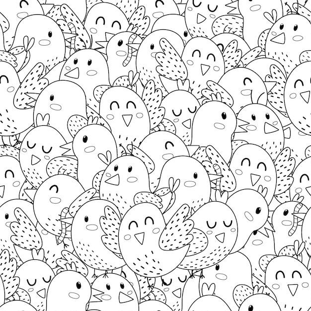 Vector cute doodle birds black and white seamless pattern funny characters background for coloring page