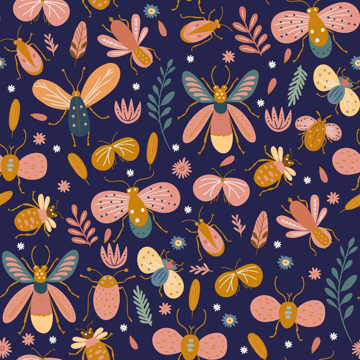 Vector cute doodle bugs and moth vector illustration cartoon kids summer insect seamless pattern art