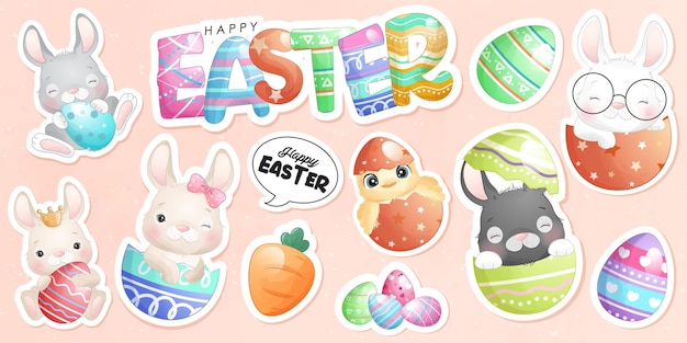 Vector cute doodle bunny for happy easter day sticker