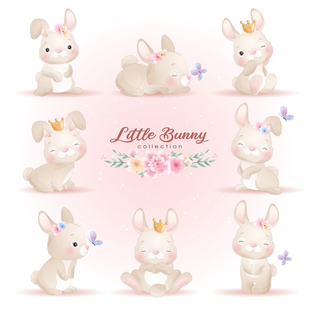 Cute doodle bunny poses met bloemen illustratie