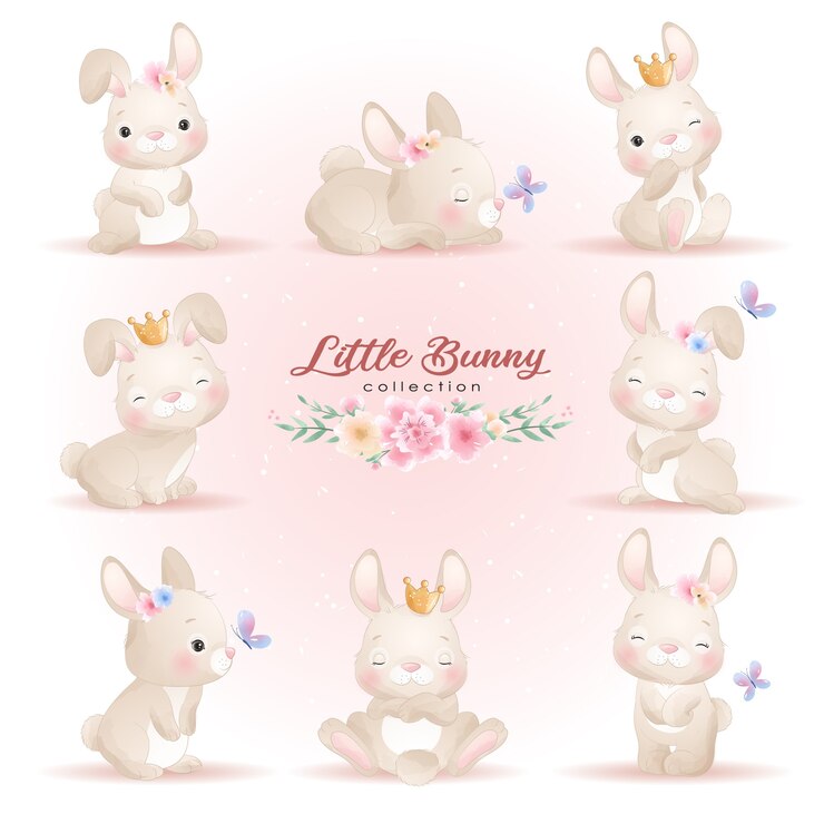 Vector cute doodle bunny poses with floral illustration