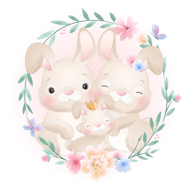 Cute doodle bunny with floral illustration