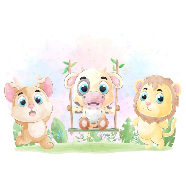 Cute doodle Cartoon animals with watercolor illustration