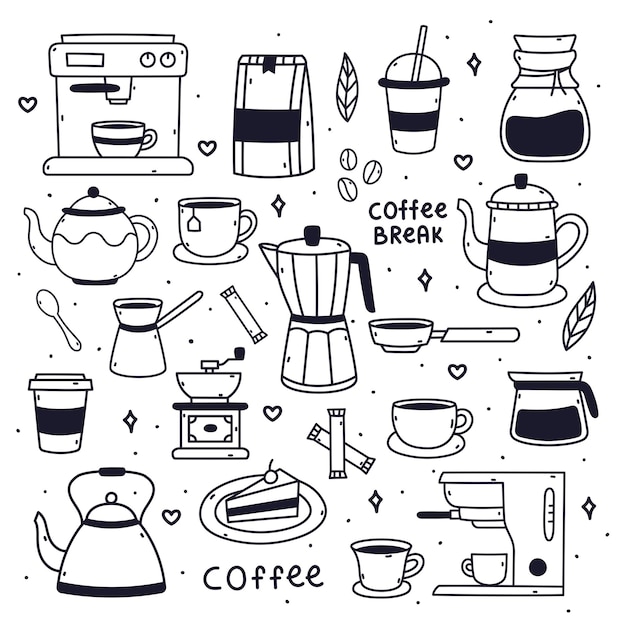 Vector cute doodle cartoon coffee shop icons