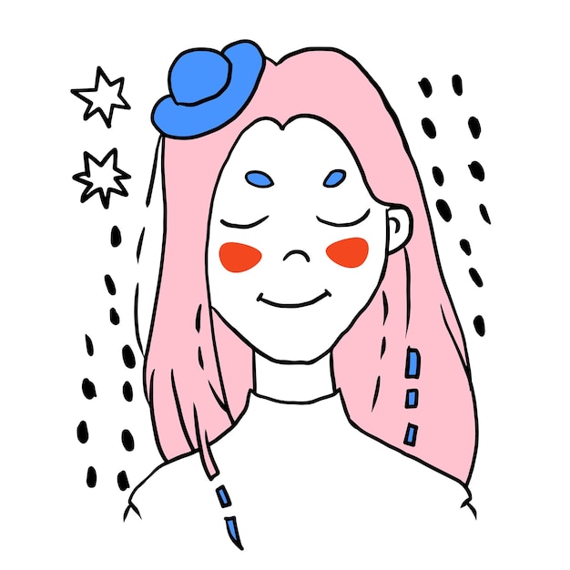 小さな帽子の肖像画のかわいい落書き漫画の女の子