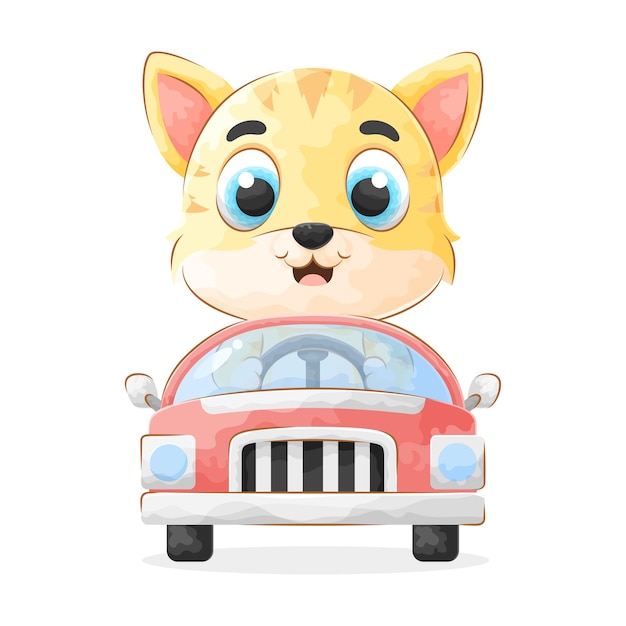 Cute doodle cat driving a car with watercolor illustration