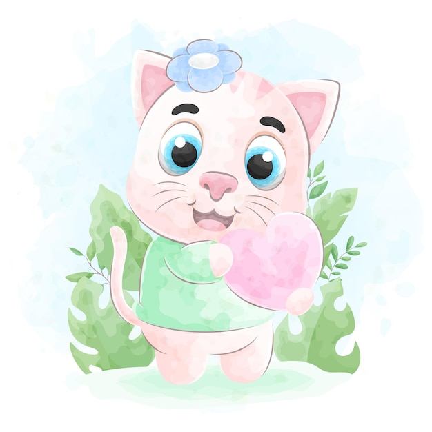 Cute doodle a cat with watercolor illustration