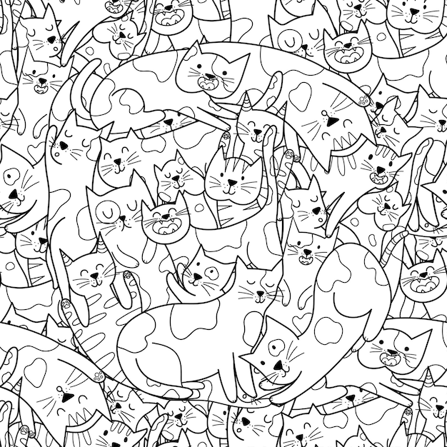 Cute doodle cats seamless pattern Doodle black and white background with funny feline animals