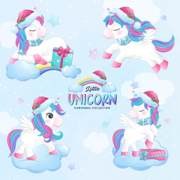 Cute doodle christmas unicorn set in watercolor style