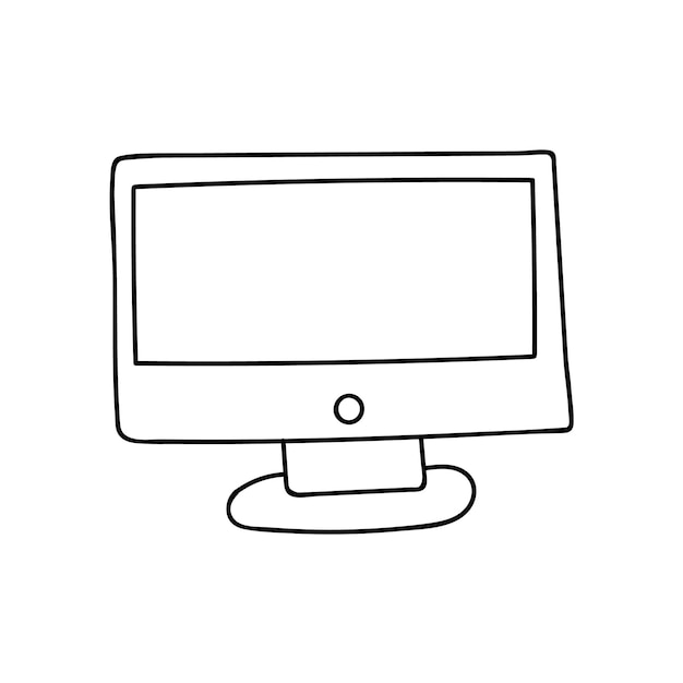 Vettore simpatico computer doodle per giochi di educazione alla comunicazione aziendale dispositivo per ufficio che lavora a casa al bar illustrazione vettoriale isolata su sfondo con contorno disegnato a mano