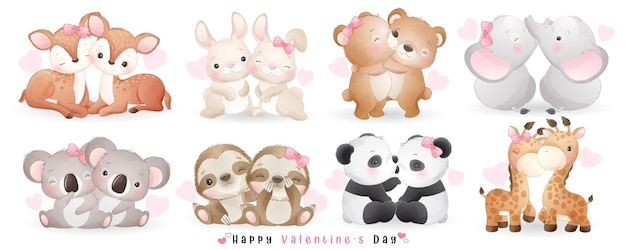 Vector cute doodle couple animals for valentine's day