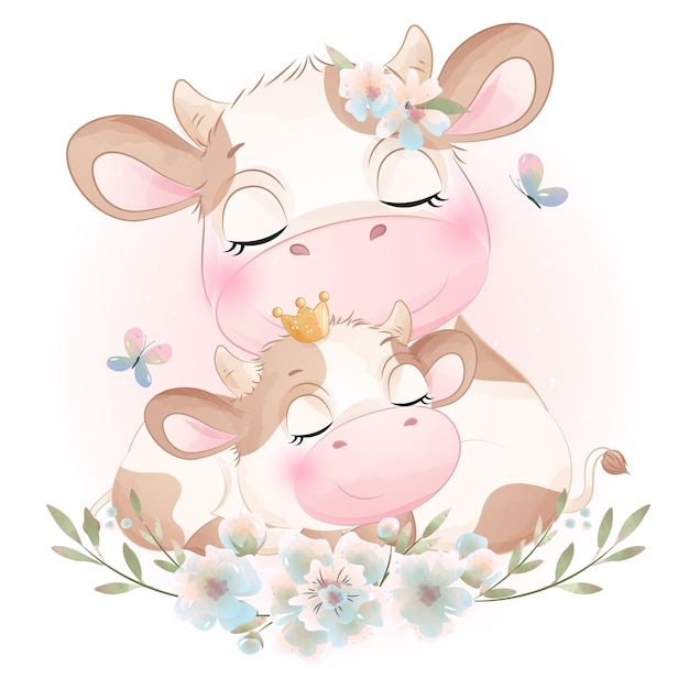 Cute doodle cow baby shower with watercolor illustration